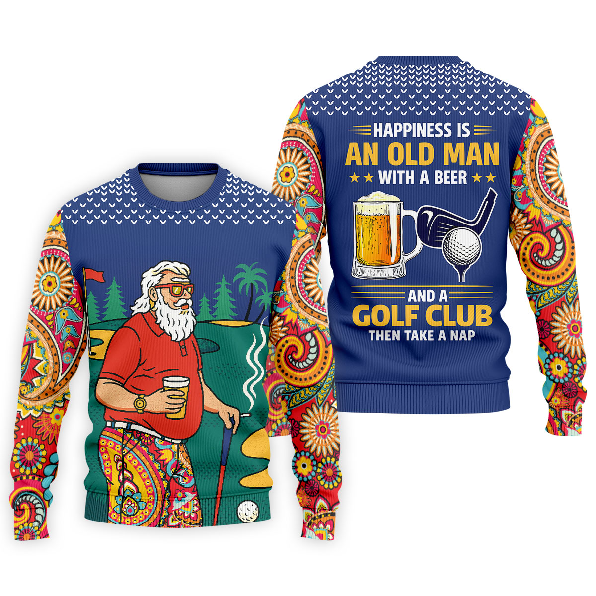 Retro Bearded Golfer Holding Beer Golf Polo Shirt, Mens Golf Shirts, Printed Golf Shirts