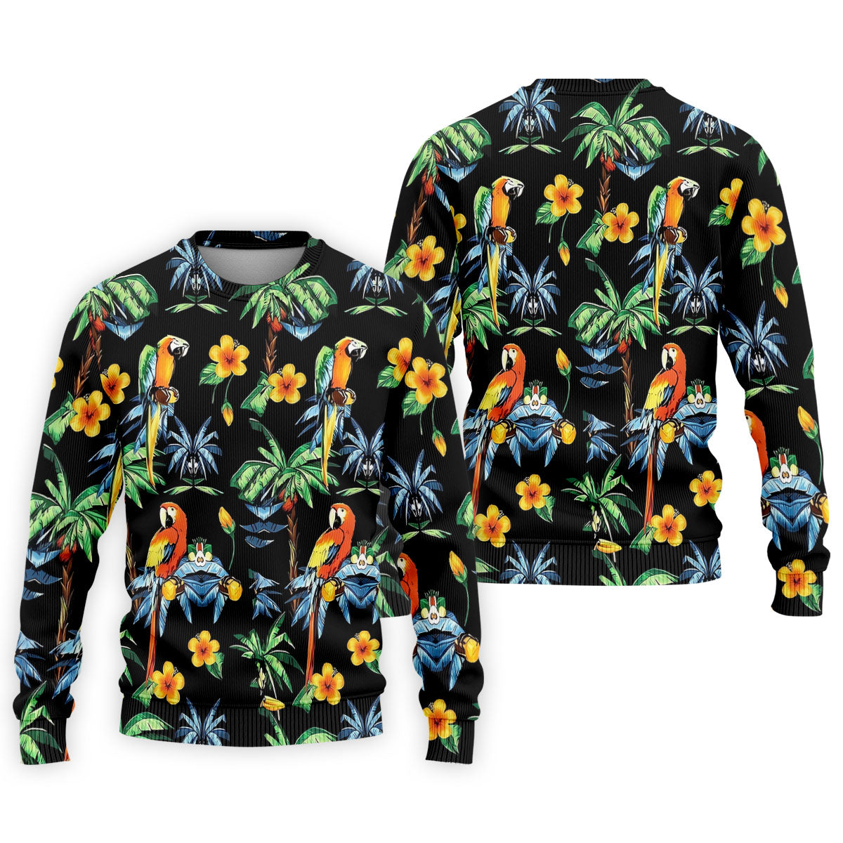 Black Tropical Parrot Palm Flower Pattern Golf Shirt, Men's Golf Shirt, Mens Polo Shirts, Hawaiian Golf Shirt