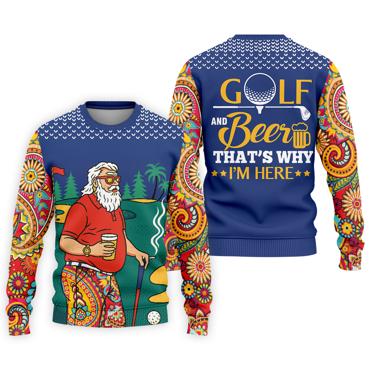 Funny Bearded Golfer With Beer And Paisley Sleeves Golf Polo, Golf Shirts For Men, Hawaiian Golf Shirt