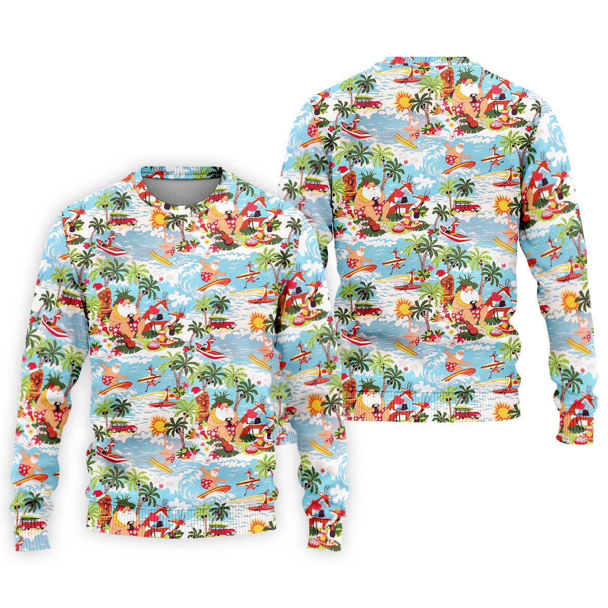 Surfing Santa Tropical Christmas Golf Shirt, Beach Reindeer Holiday Polo, Hawaiian Golf Shirt, Printed Golf Shirts