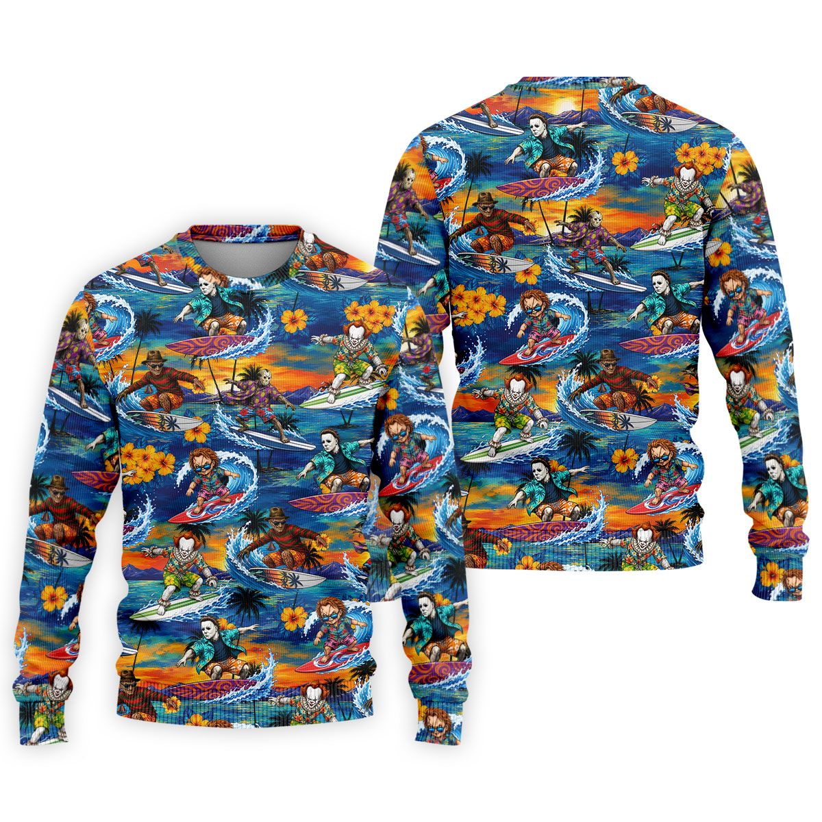 Retro Horror Character Villains Surfing Sunset Waves Golf Polo Shirt, Mens Golf Polo, Printed Golf Shirts