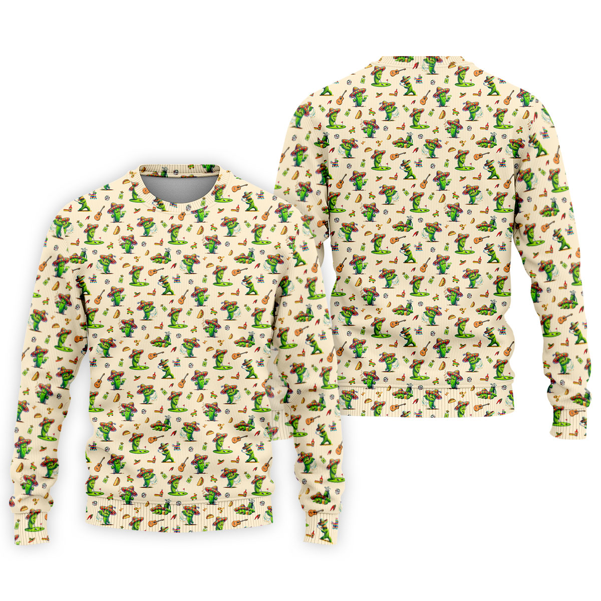 Cartoon Mustach Funny Cactus Cinco De Mayo Celebration Fiesta Themed Beige Golf Shirts For Men