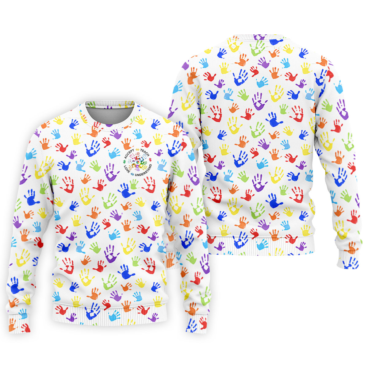 Accept Teach Understand Love Autism Awareness Colorful Handprint White Golf Shirt, Golf Shirts For Men