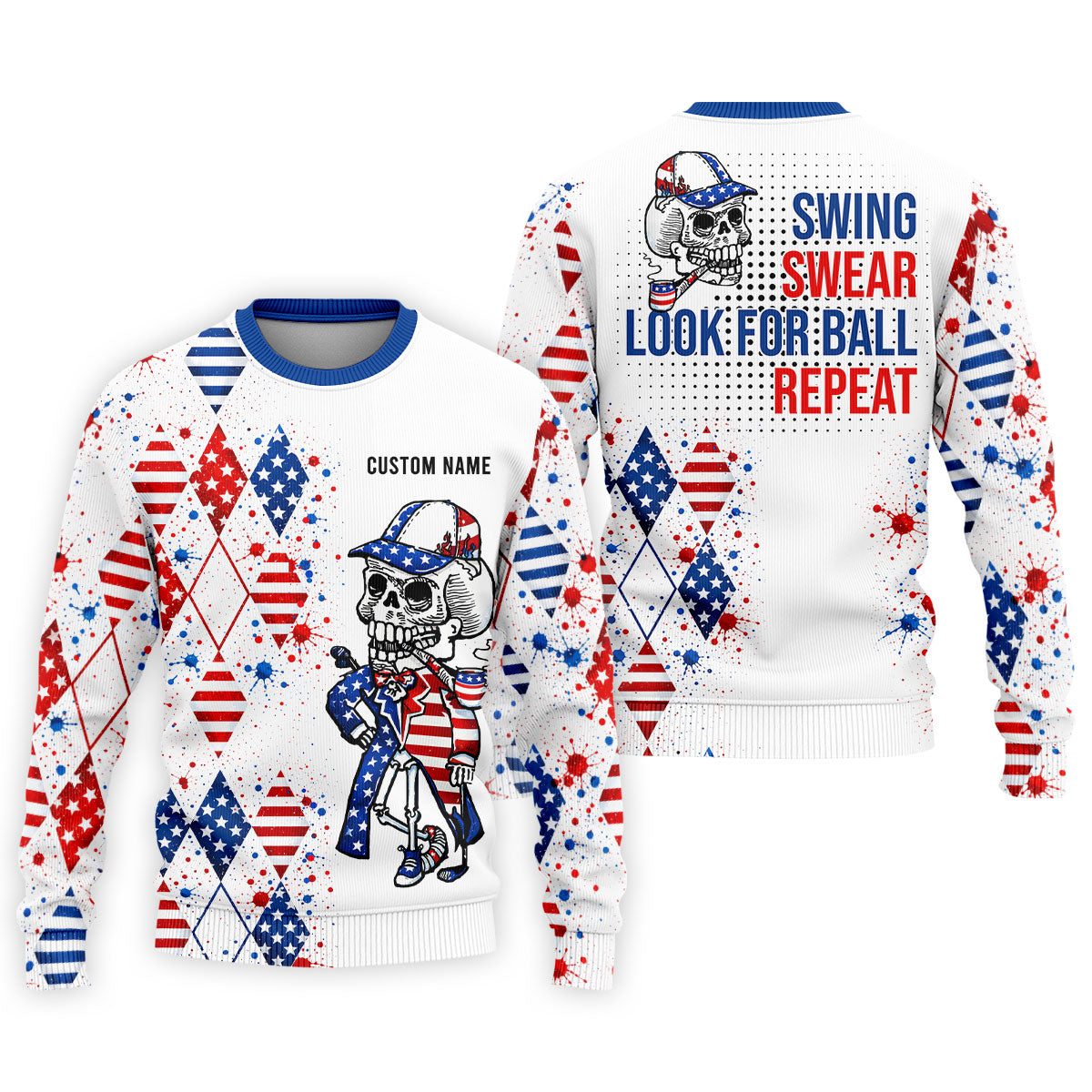 Swing Swear Look For Ball Repeat Red White Blue Argyle Golf Shirt, 250 Years Golf Shirts For Men