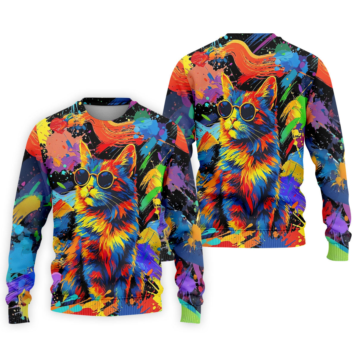 Colorful Cat Sunglasses Paint Splash Golf Shirt, Men's Golf Shirt, Golf Apparel For Men