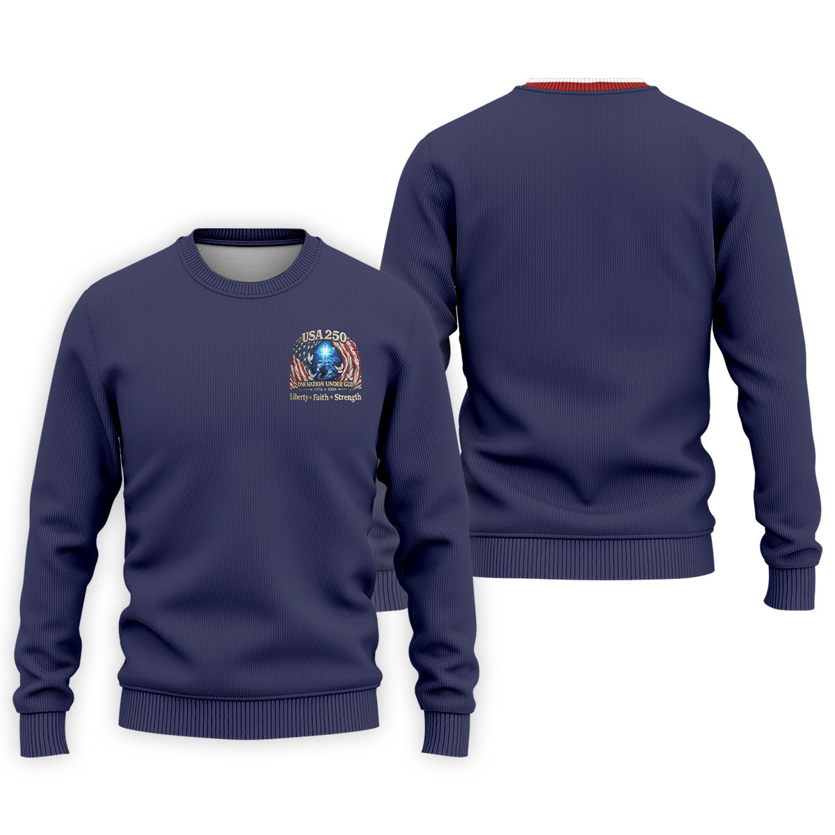 One Nation Under God Faith Cross USA 250 Logo Navy Golf Shirt, 4th Of July Golf Shirts For Men