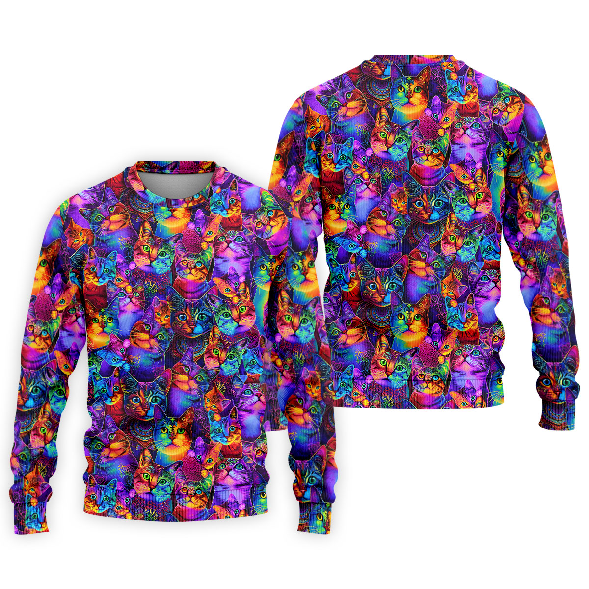 Psychedelic Cat Golf Shirt, Colorful Neon Cat Pattern, Polo Shirts For Men