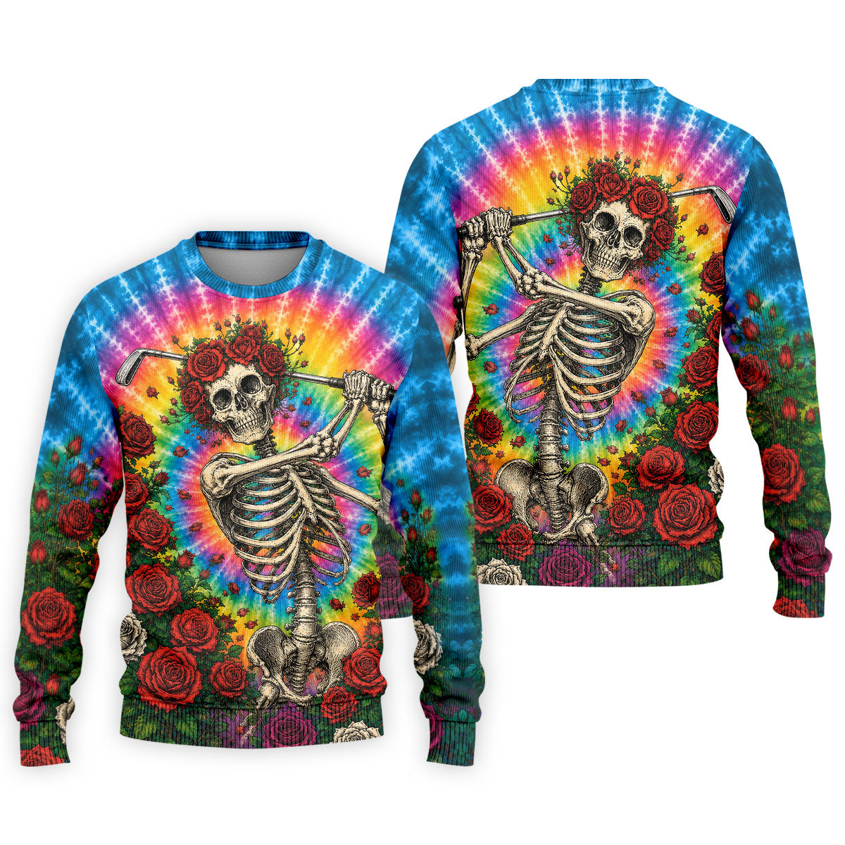 Rose Tie Dye Skeleton Golfer Halloween Polo Shirt, Mens Golf Shirts, Printed Golf Shirts