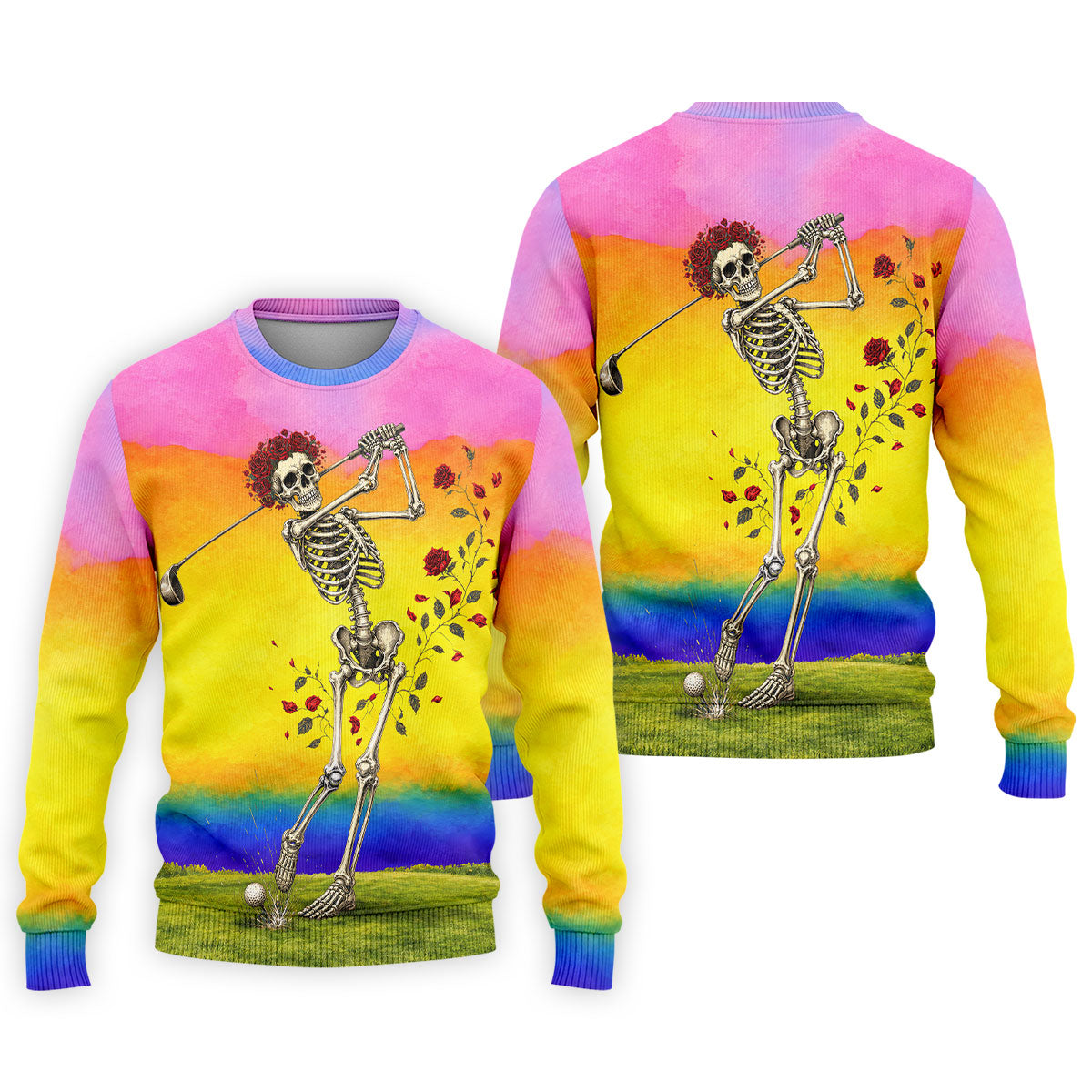 Rainbow Skeleton Golfer Golf Polo Shirt, Mens Golf Shirts, Hawaiian Golf Shirt