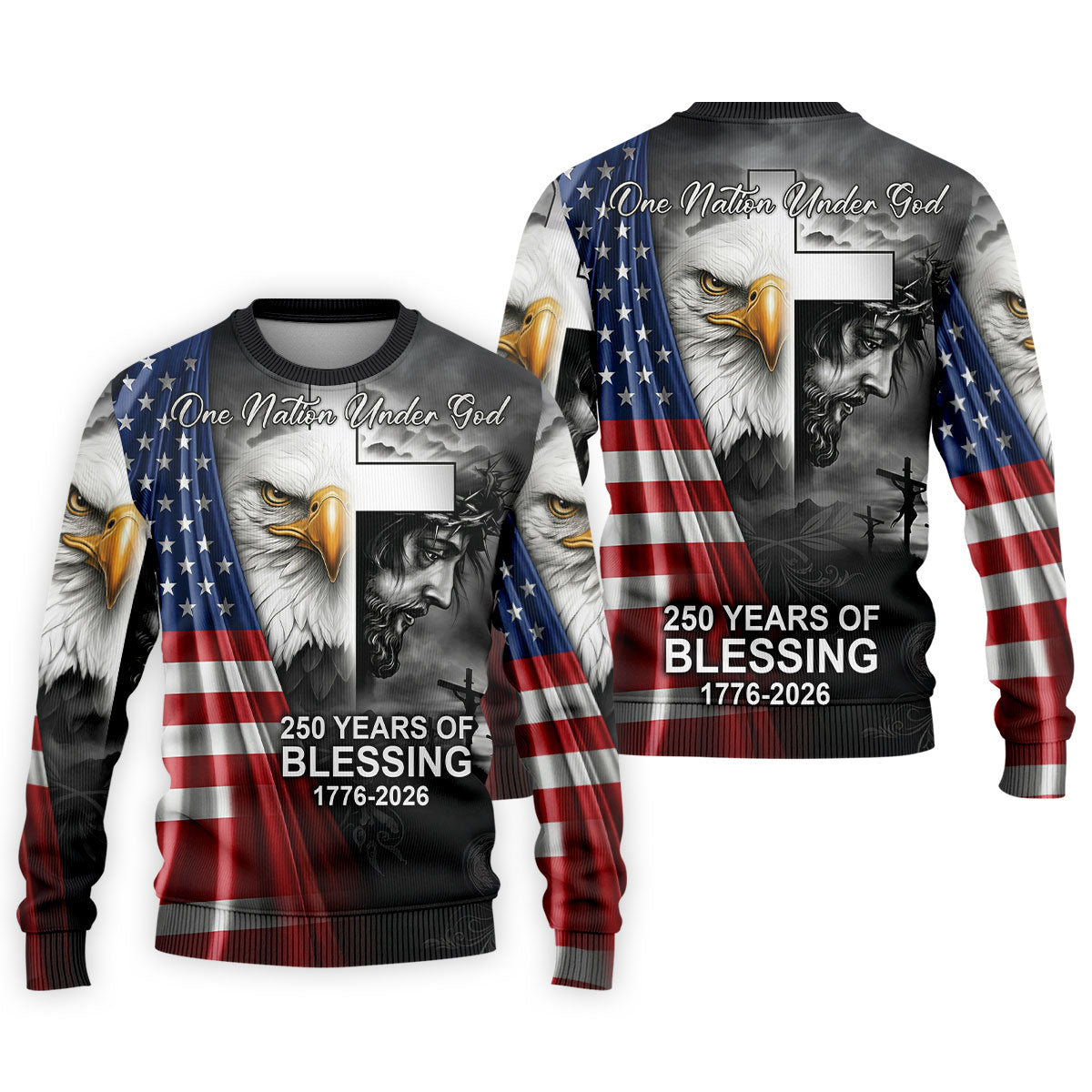 One Nation Under God 250 Years Of Blessing Faith Cross US Flag Golf Shirt, 4th Of July Golf Shirts For Men