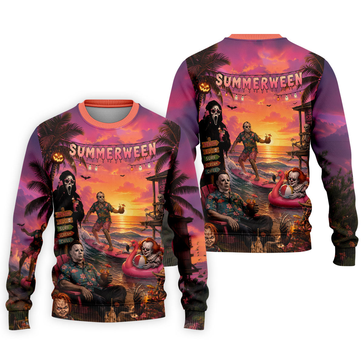 Summerween Halloween Horror Character Golf Shirt, Printed Golf Shirts, Hawaiian Golf Shirt