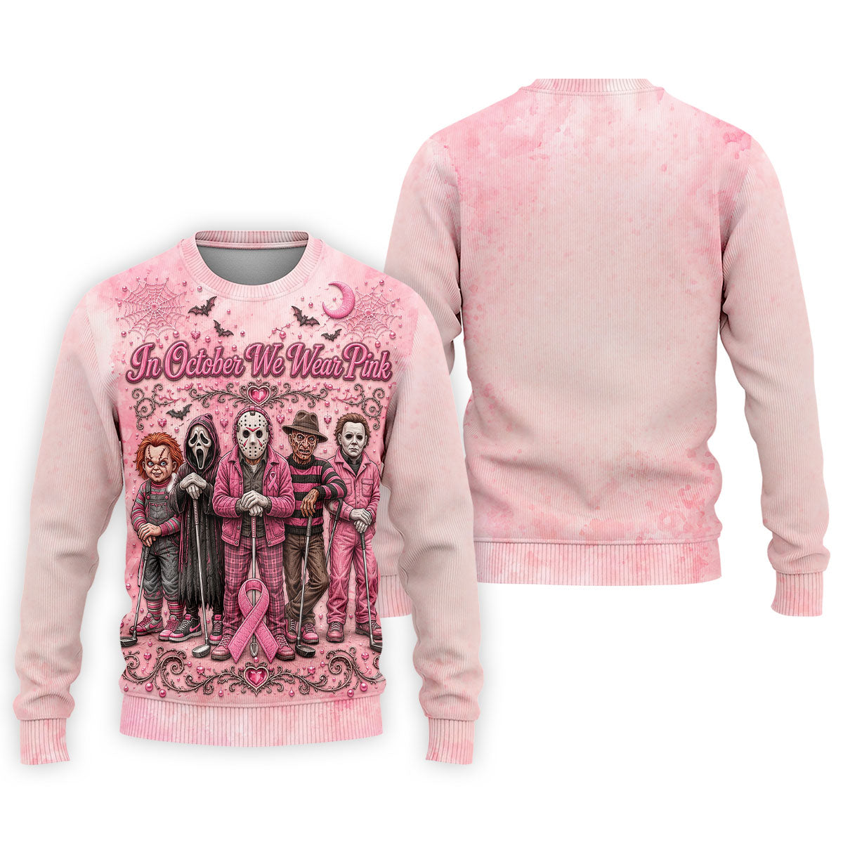 In October We Wear Pink Breast Cancer Horror Characters Golf Polo, Polo Shirts For Men