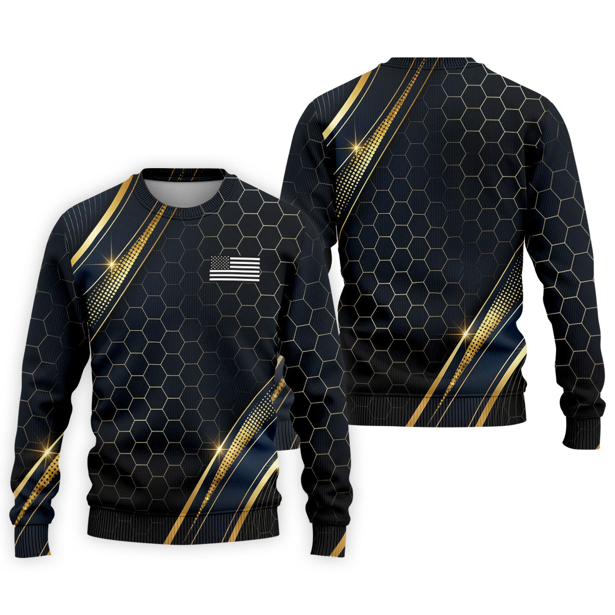 Gold Hexagonal US Flag Logo Retro Golf Shirt, 250 Years Patriotic 4th Of July Golf Shirts For Men