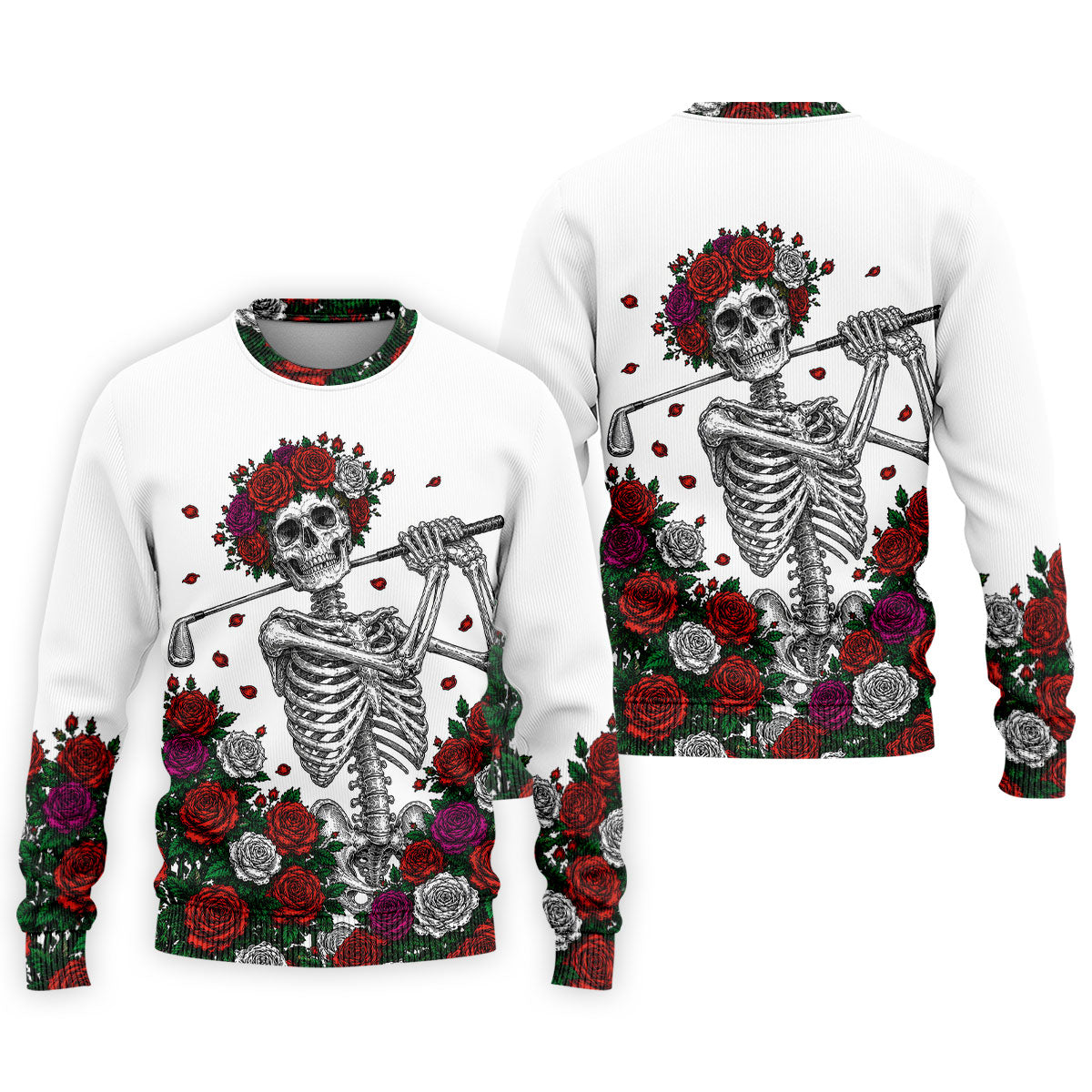 Rose Crown Skeleton Golfer Halloween Polo Shirt, Men's Golf Shirt, Printed Golf Shirts