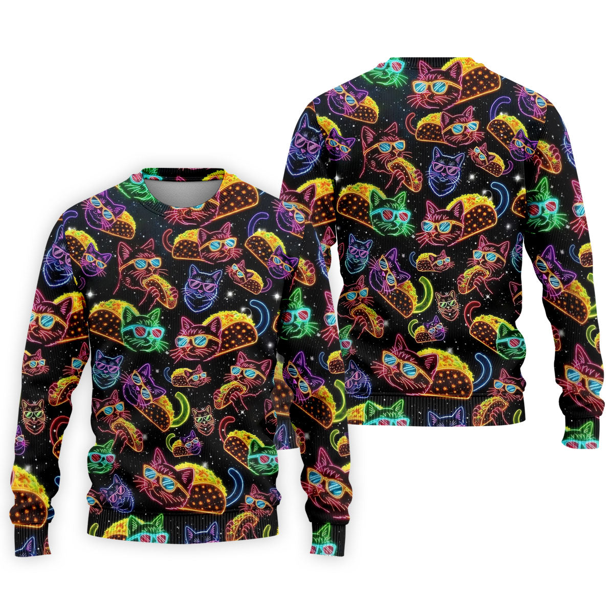 Neon Cat Taco Fiesta Time Hawaiian Golf Shirt, Cinco De Mayo Celebration Golf Shirts For Men