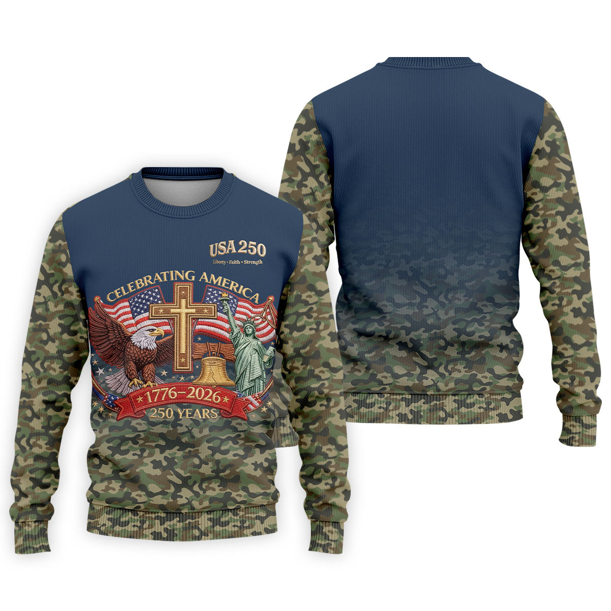 Liberty Faith Strength Faith Cross USA 250 Navy Camo Golf Shirt, 4th Of July Golf Shirts For Men