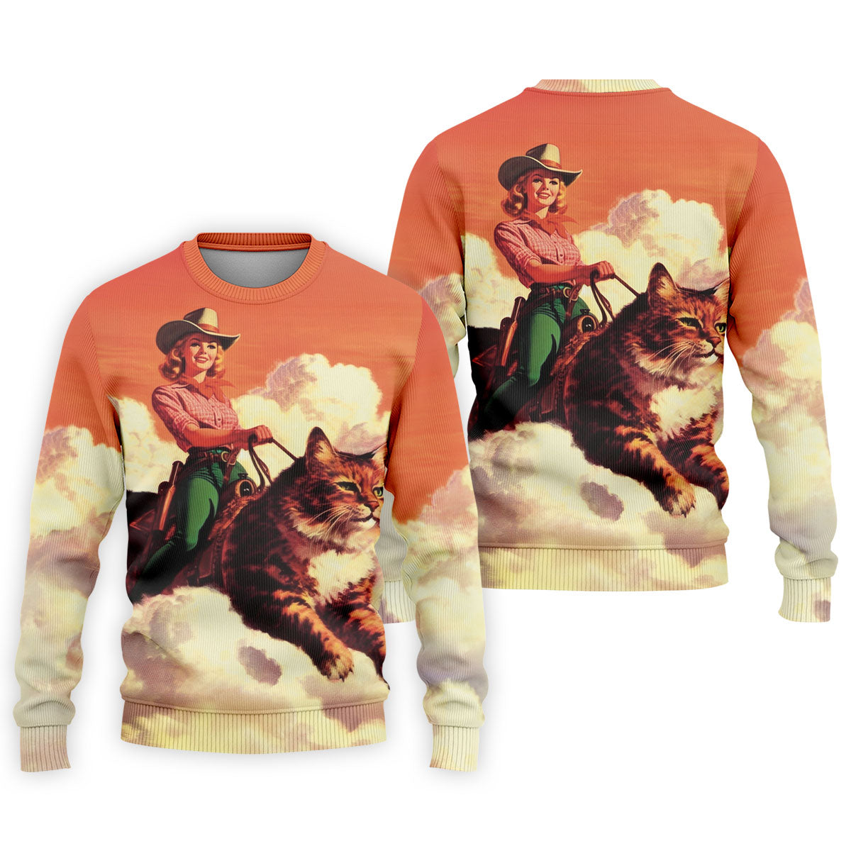 Orange Vintage Cowgirl Riding Giant Cat Golf Polo Shirt, Golf Shirts For Men, Hawaiian Golf Shirt