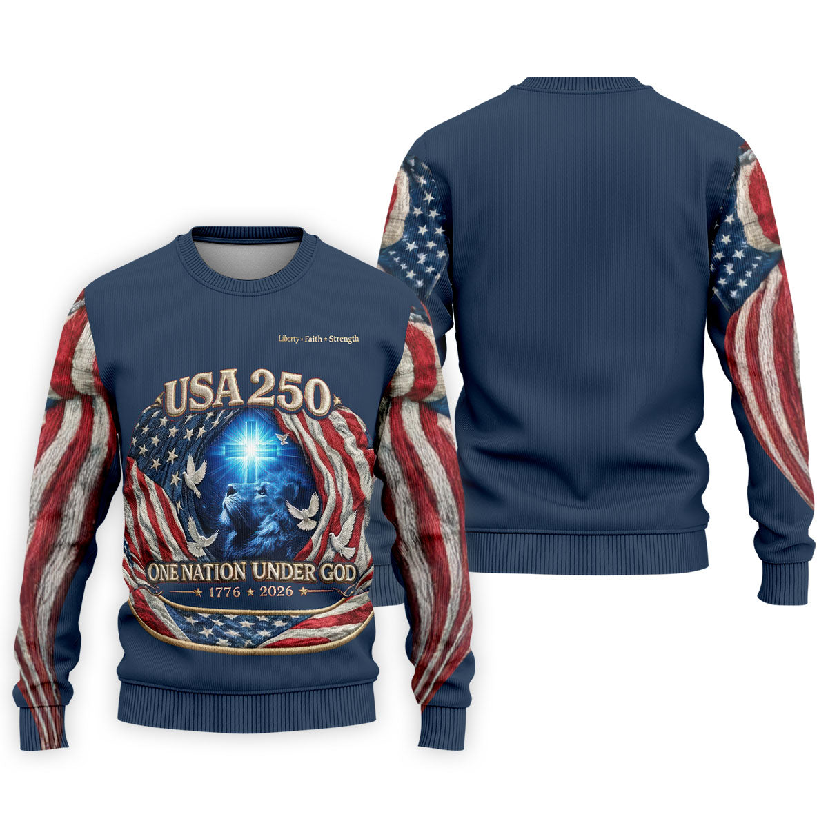 One Nation Under God Faith Cross USA 250 Navy Golf Shirt, 4th Of July Golf Shirts For Men