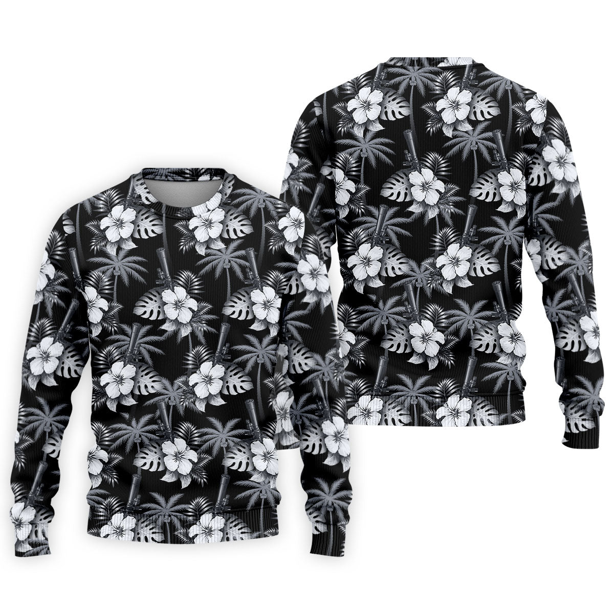 White Hibicus Black Hawaiian Golf Shirt, Tropical Summer Theme Golf Shirts For Men