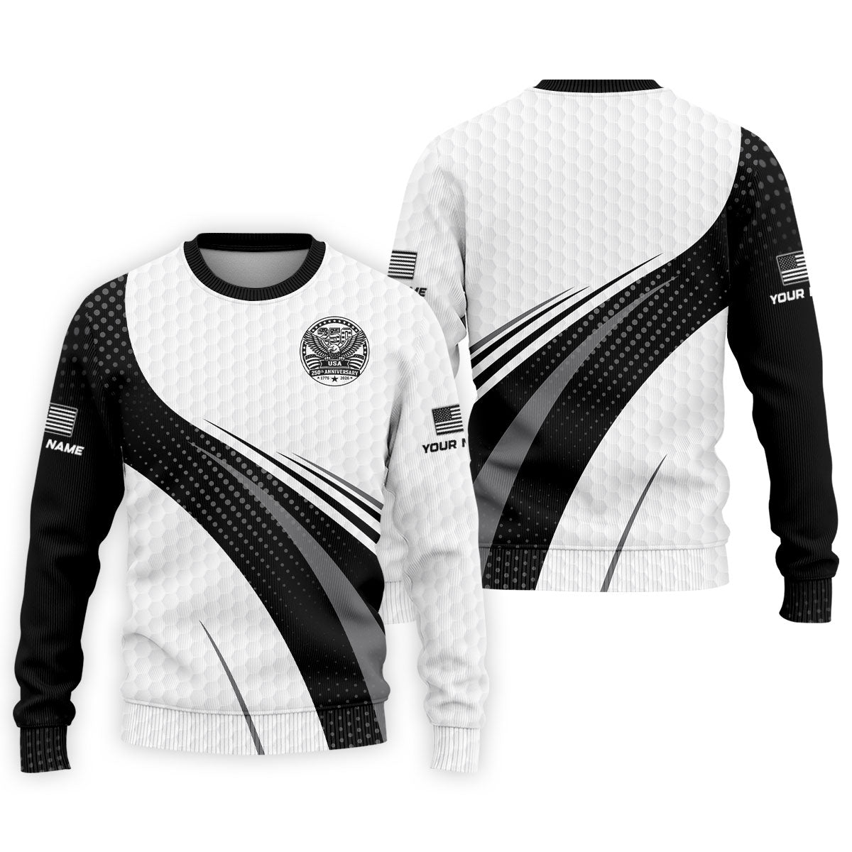 USA 250th Anniversary Black And White Golf Ball Pattern Golf Tops For Men, Patriotic Golf Shirts For Men