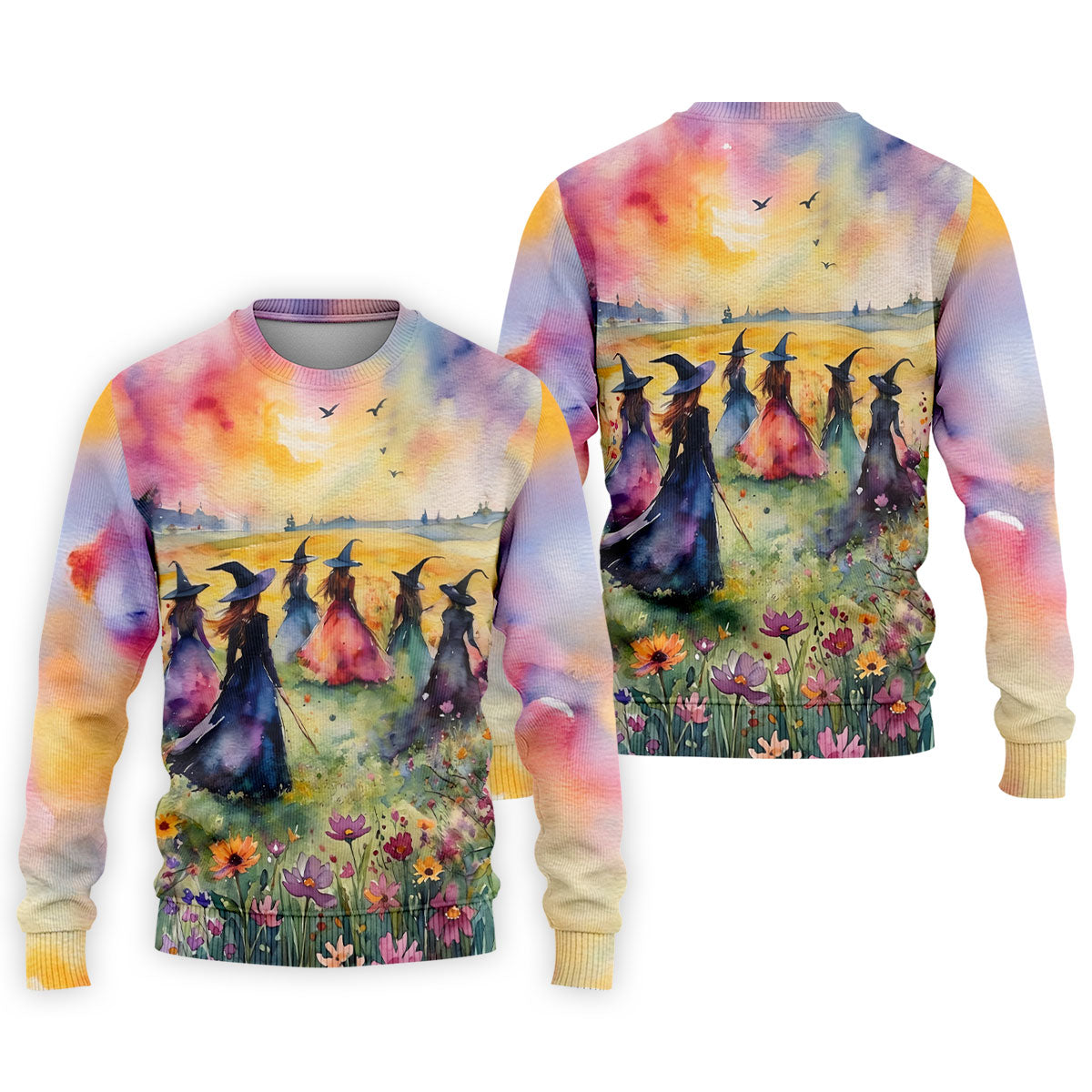 Watercolor Witch Gathering Halloween Golf Polo Shirt, Printed Golf Shirts, Golf Polo Shirts For Men