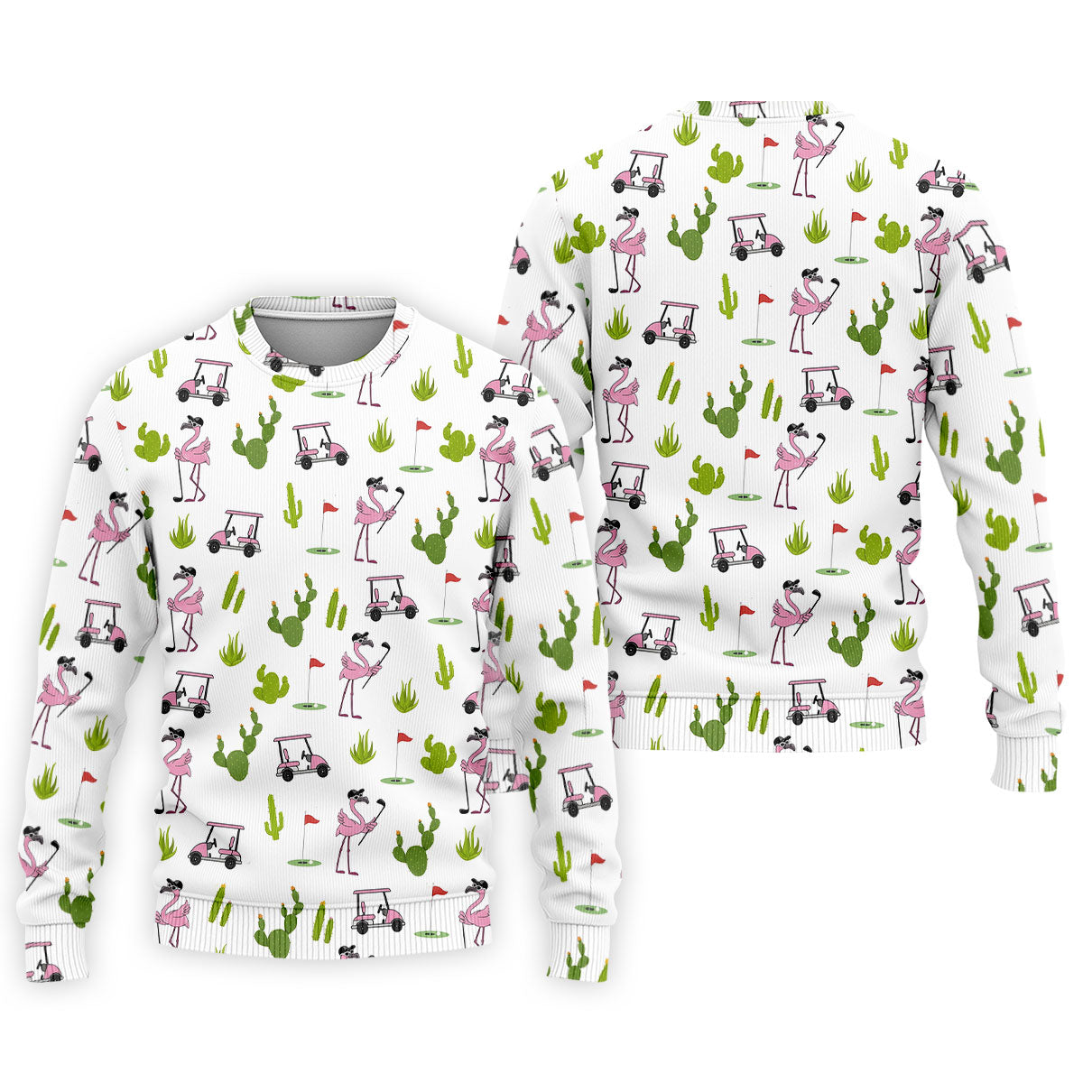 Pink Flamingo Golf Cart Cactus Hawaiian Golf Shirt, Mens Golf Polo, Golf Apparel For Men