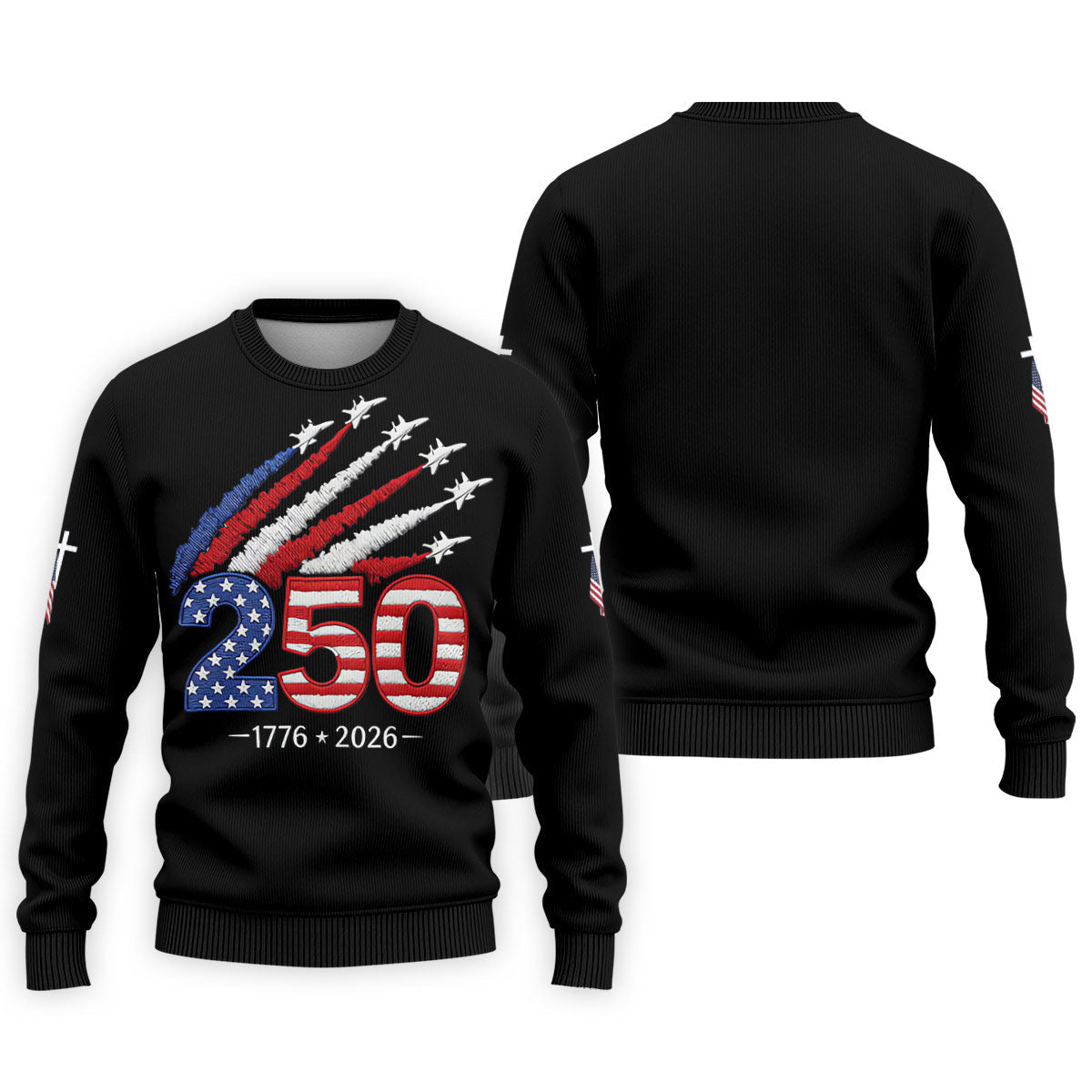 Flying Fighter Jets Faith Cross Patriotic 4th Of July Black Golf Shirt, 250 Years Golf Shirts For Men