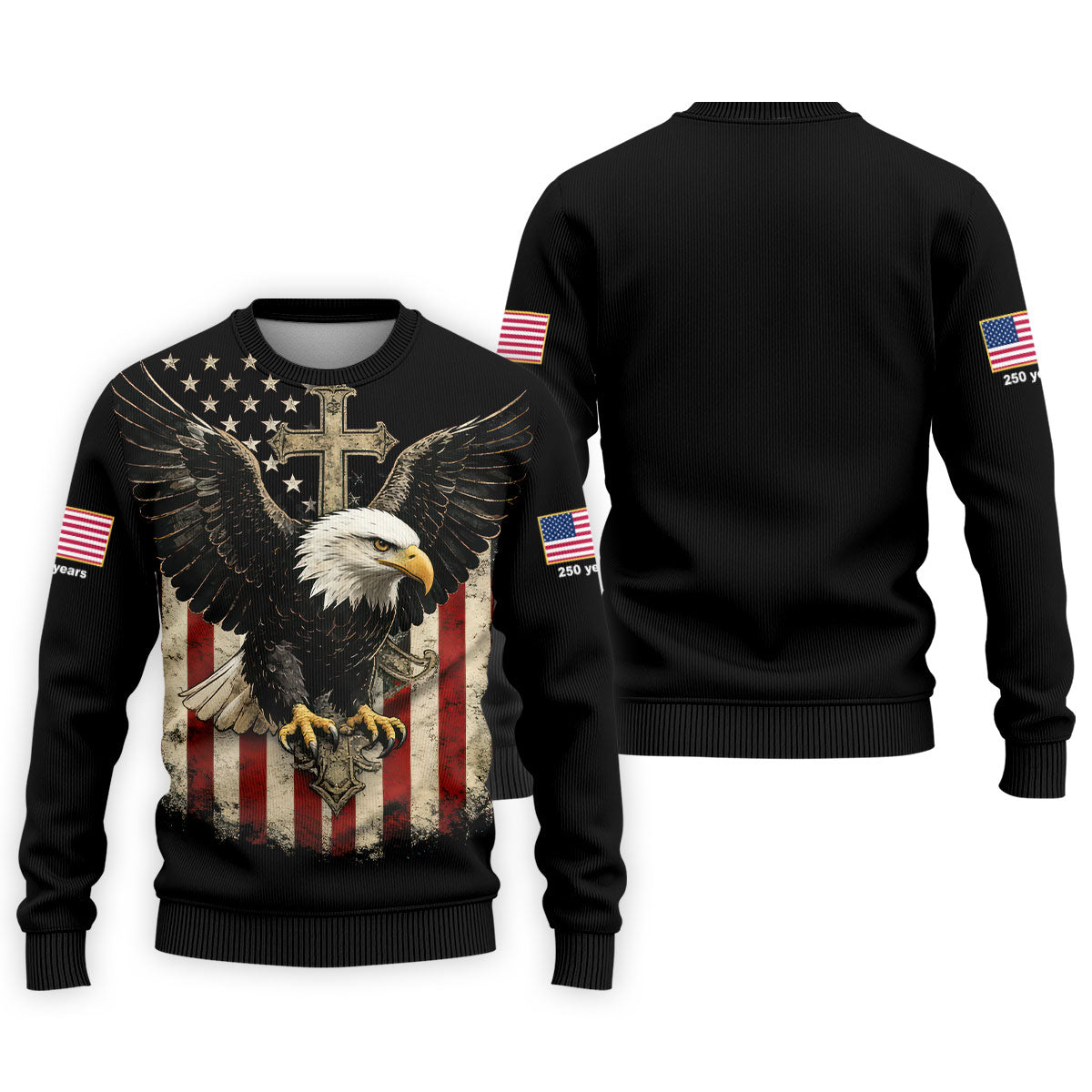 Faith Cross Bald Eagle And US Flag Black Golf Shirt, Patriotic 4th Of July Golf Shirts For Men
