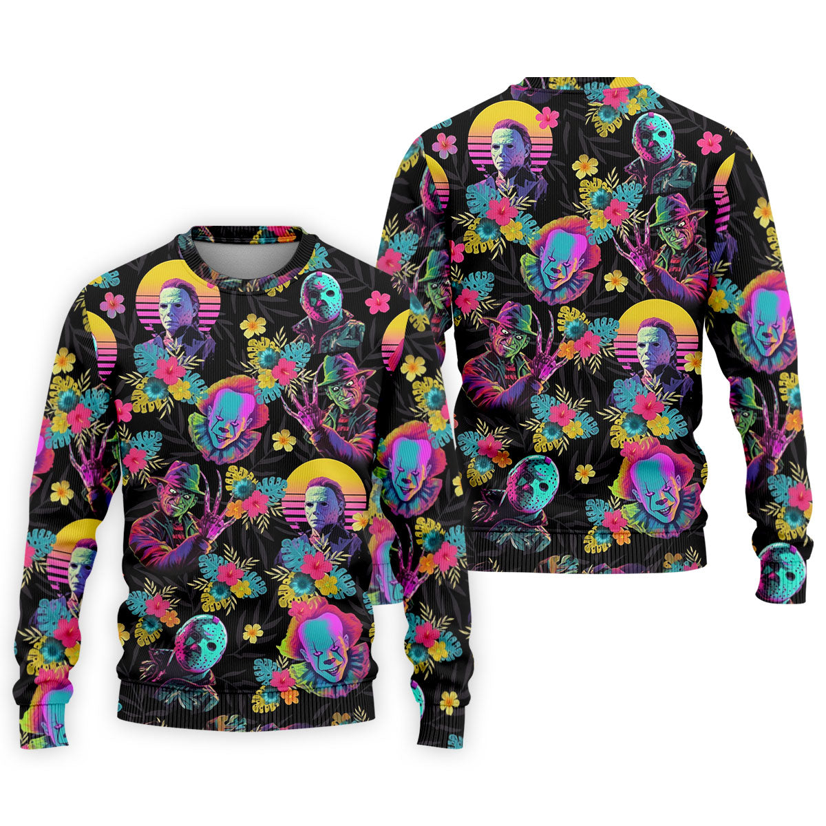 Neon Floral Halloween Horror Character Hawaiian Golf Shirt, Men's Golf Shirt, Mens Golf Polo