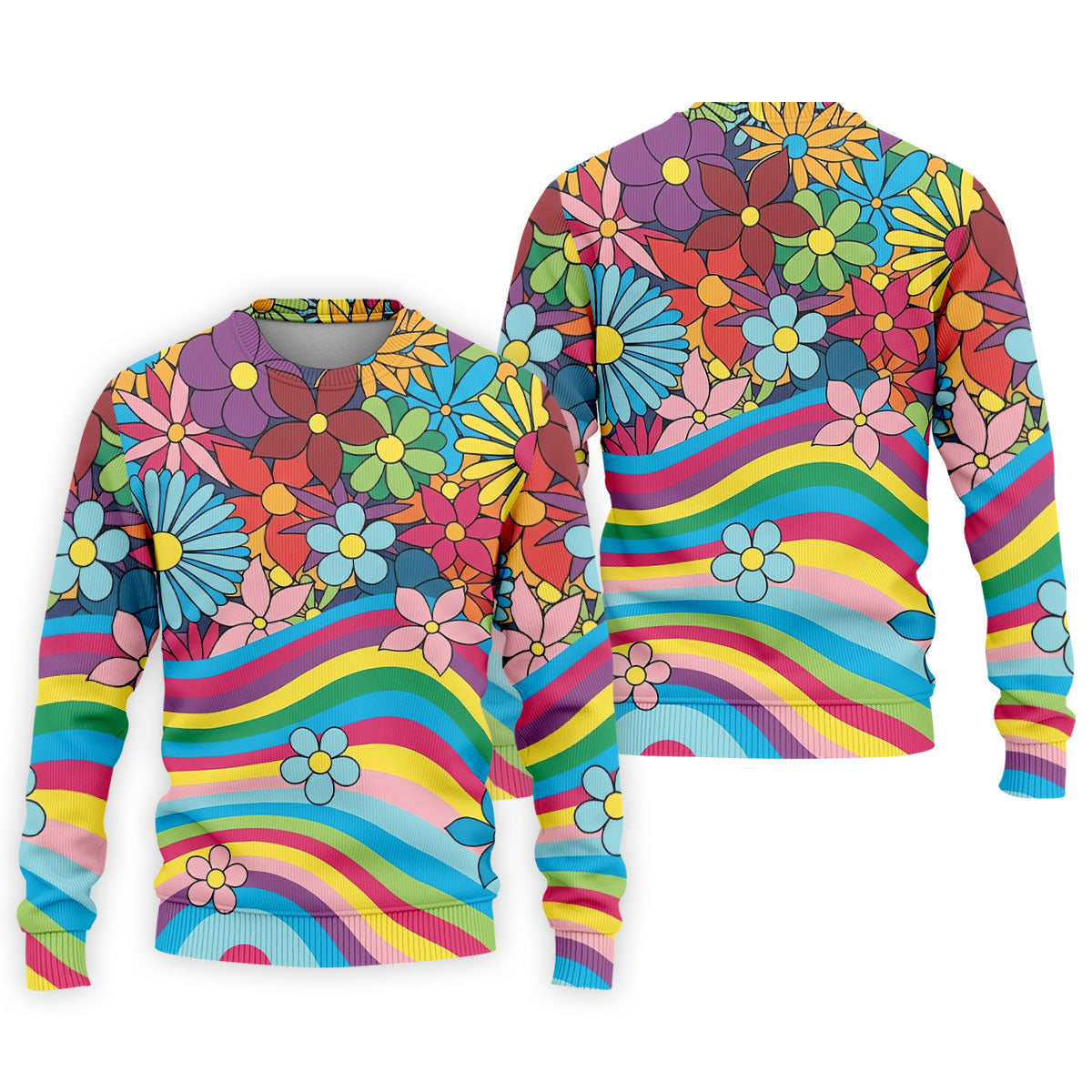 Retro Rainbow Floral Hippie Hawaiian Golf Shirt, Golf Polo Shirts For Men, Mens Golf Apparel