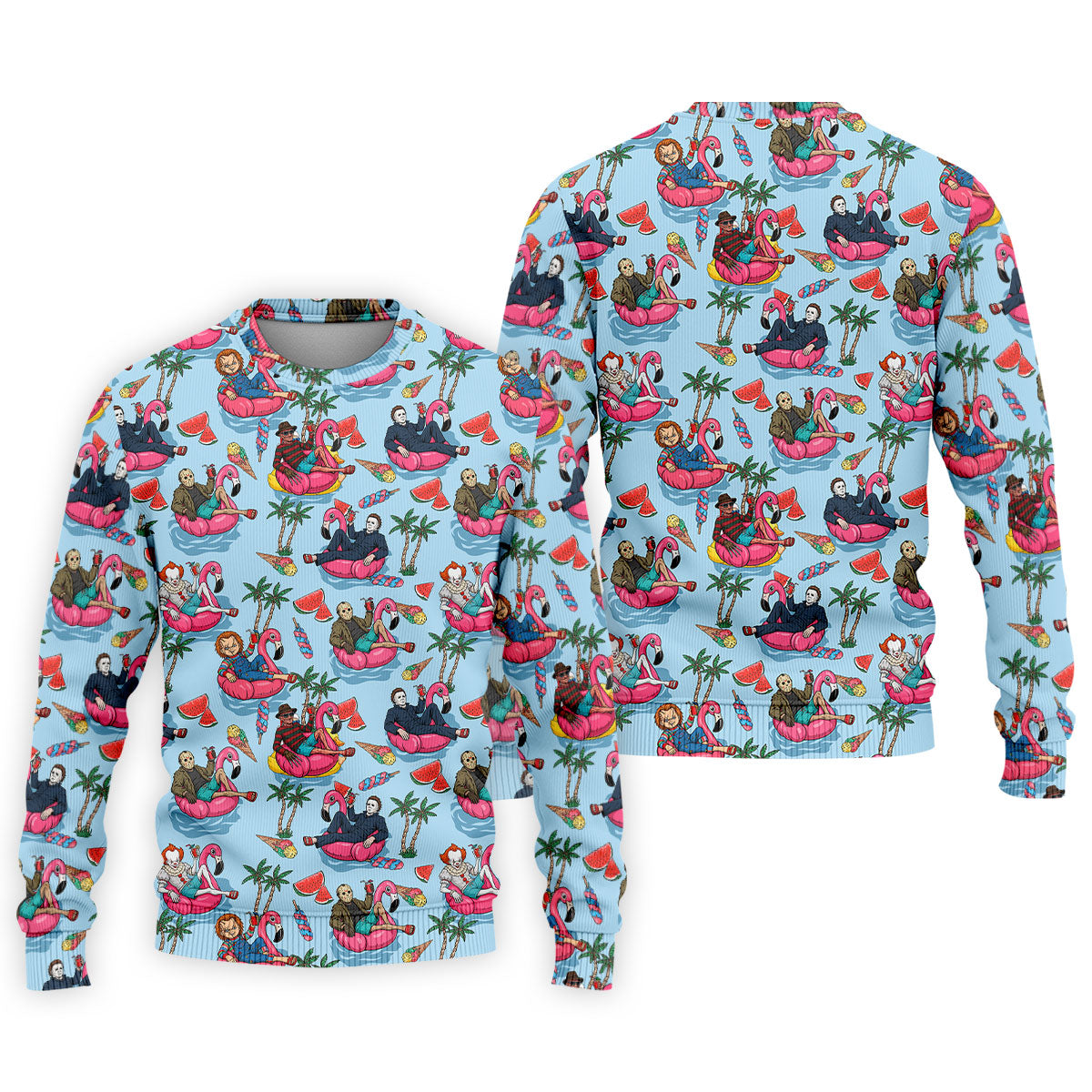 Retro Horror Character Villains Floating On Flamingo Pool Floats Golf Polo Shirt, Mens Golf Polo, Printed Golf Shirts
