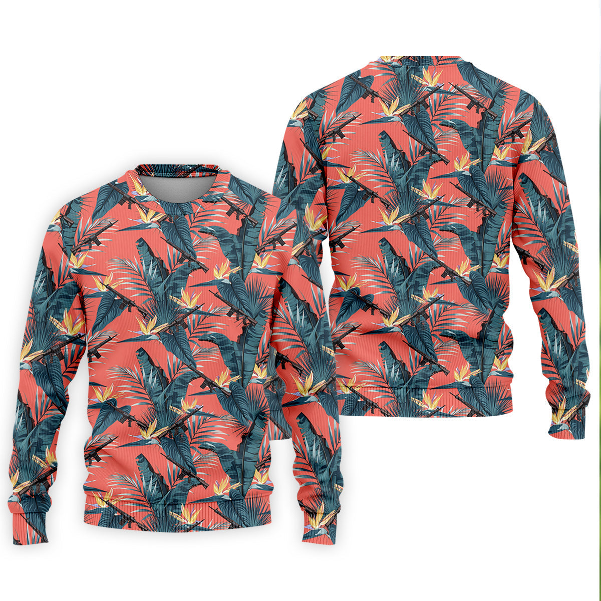 Tropical Palm Leaf And Rifle Pattern Coral Golf Polo, Printed Golf Shirts, Golf Apparel For Men