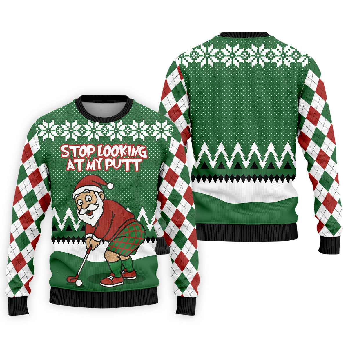 Stop Looking At My Putt Funny Santa Claus Argyle Golf Shirt, Christmas Golf Shirt, Polo Shirts For Men