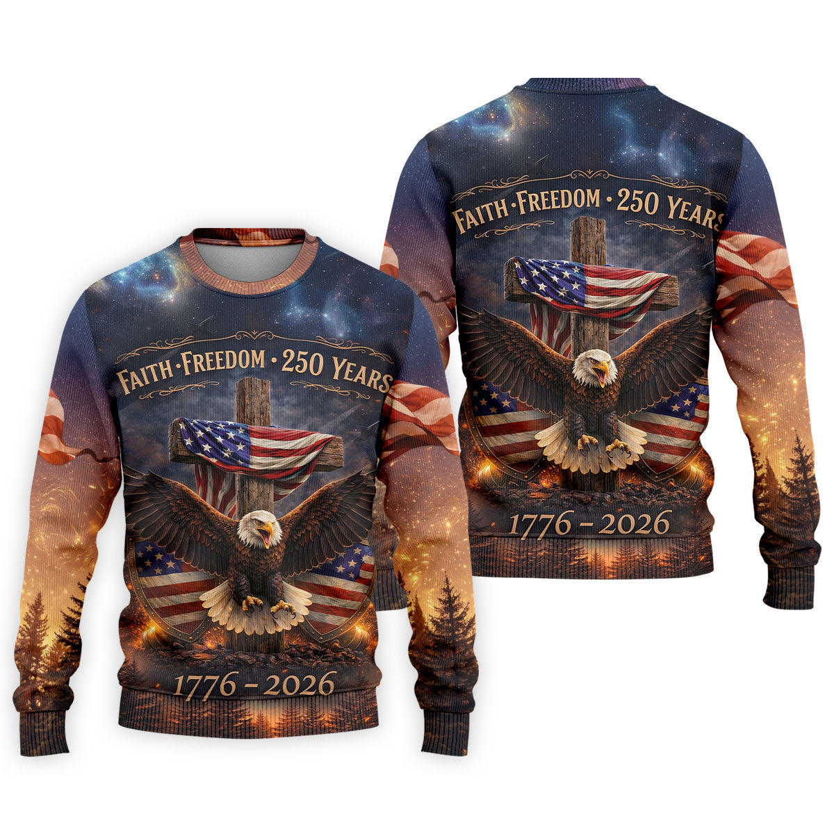 Faith Freedom 250 Years Galaxy Pattern US Flag Golf Shirt, Patriotic 4th Of July Golf Shirts For Men