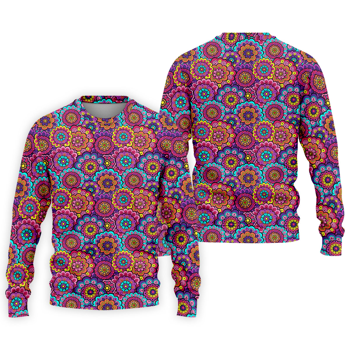 Colorful Mandala Floral Pattern Zip Hoodie, Graphic Zip Hoodie, Hooded Sweatshirt For Men