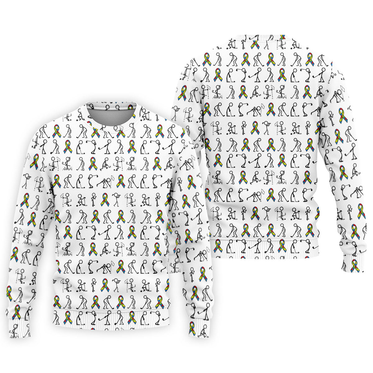 Stick Figure Golf Pose Autism Ribbon White Golf Shirt, Autism Awareness Colors Golf Shirts For Men