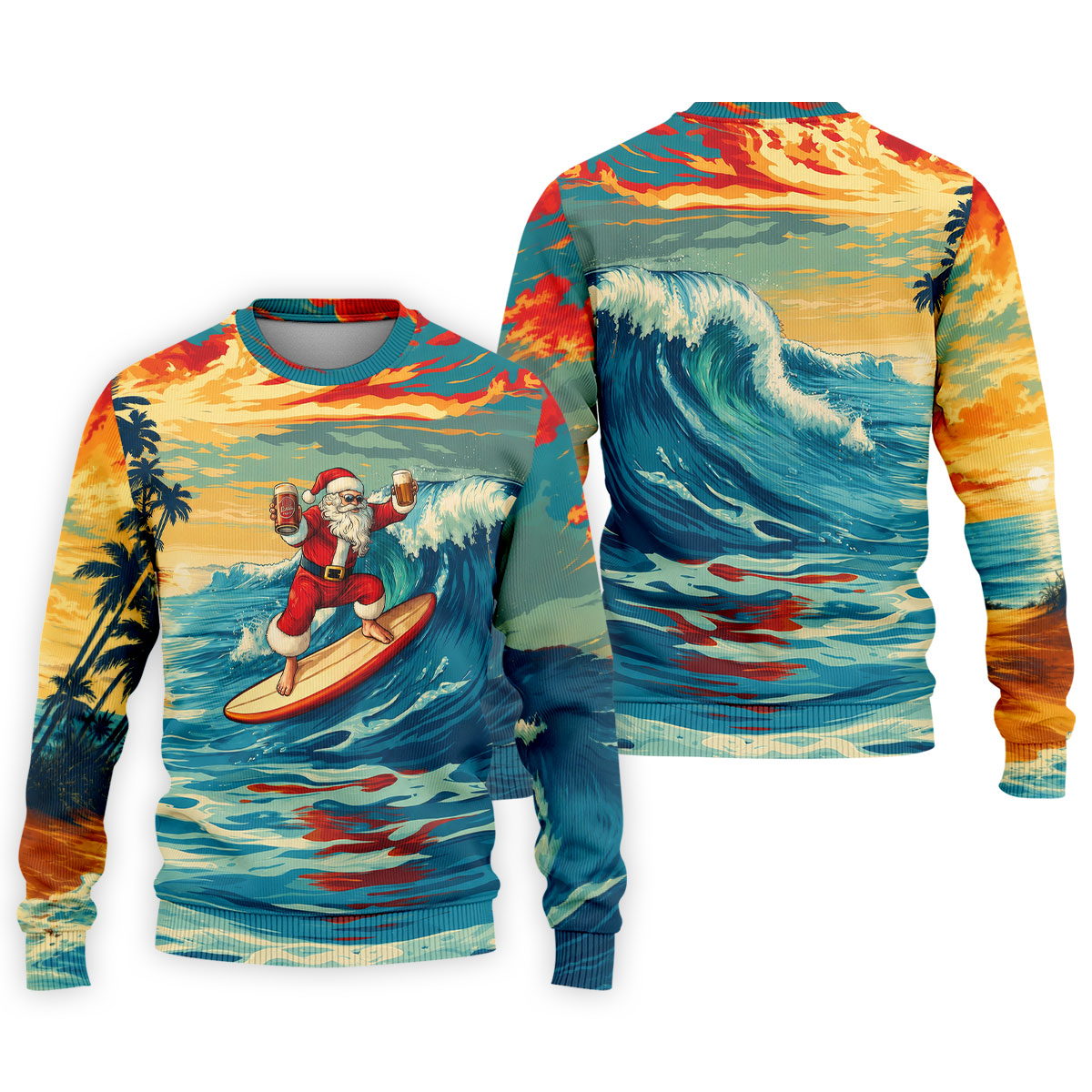 Tropical Surfing Santa Sunset Christmas Golf Shirt, Men's Golf Shirt, Hawaiian Golf Shirt