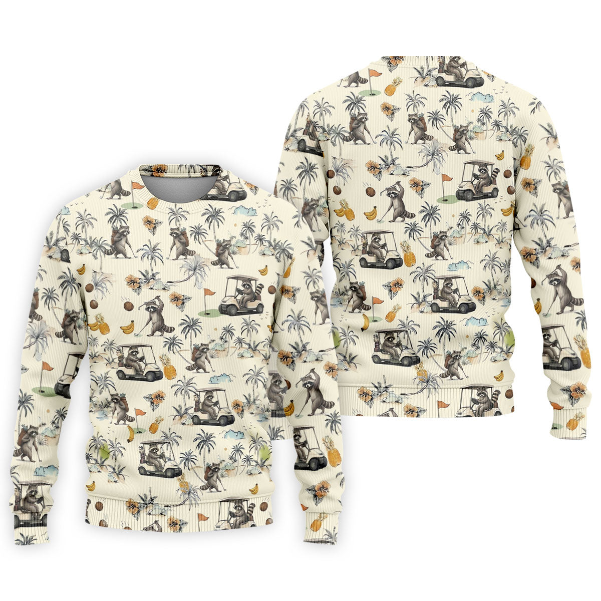 Funny Raccoon Golf Cart Tropical Pattern Polo Shirt, Mens Golf Polo, Golf Apparel For Men
