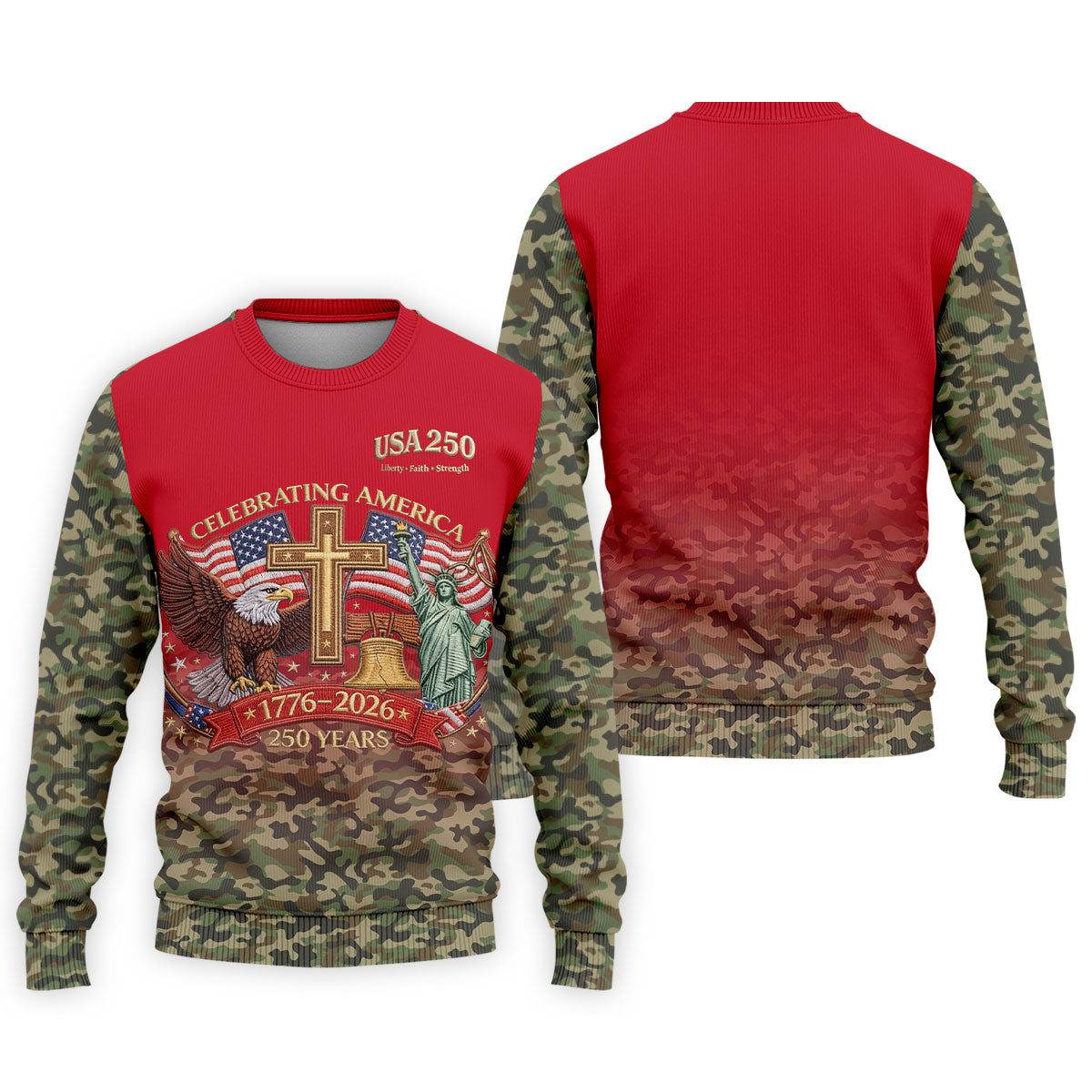 Liberty Faith Strength Faith Cross USA 250 Red Camo Golf Shirt, 4th Of July Golf Shirts For Men