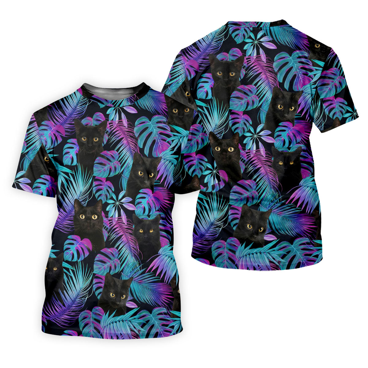 Funny Black Cat Purple Blue Gradient Hawaiian Golf Shirt, Golf Shirts For Men