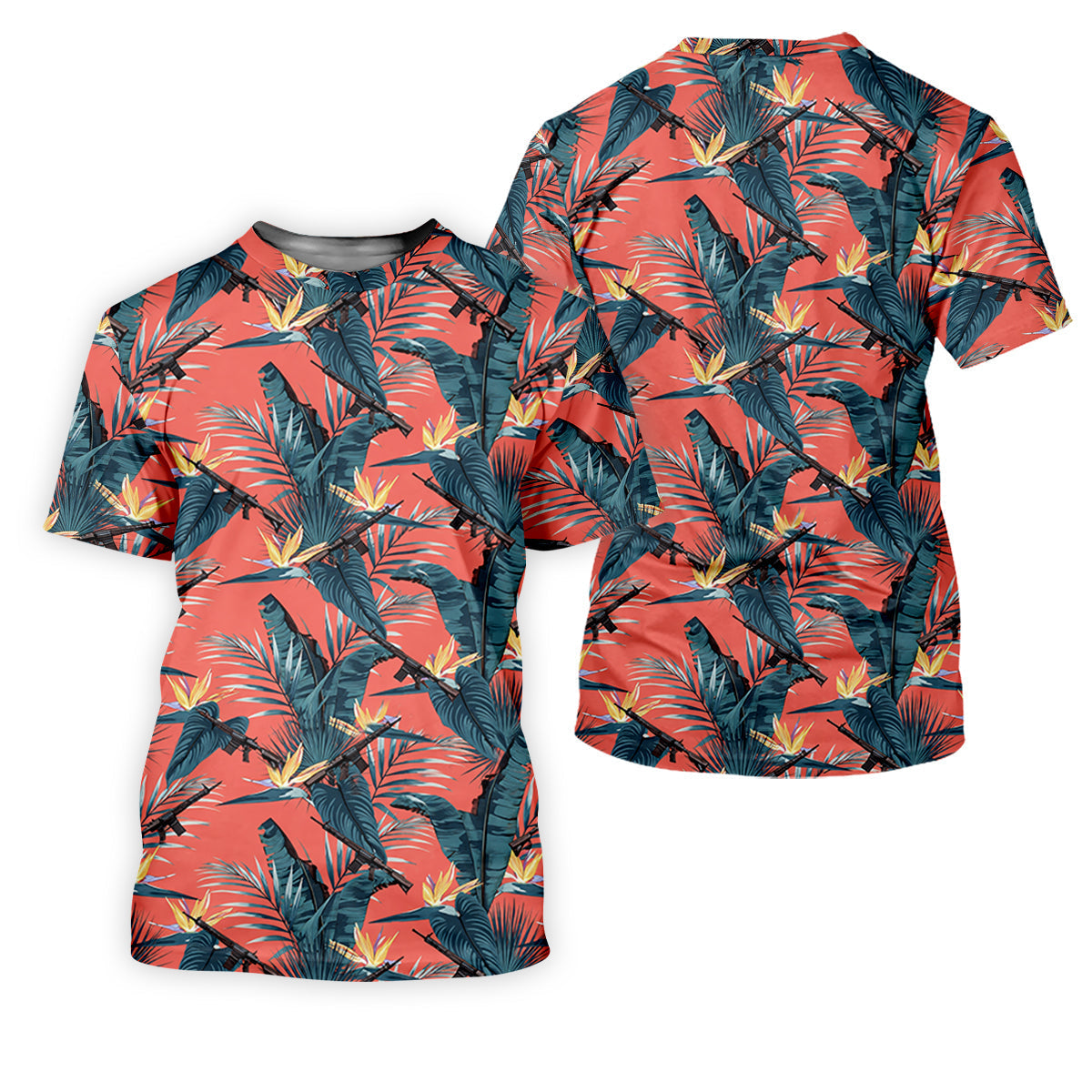 Tropical Palm Leaf And Rifle Pattern Coral Golf Polo, Printed Golf Shirts, Golf Apparel For Men