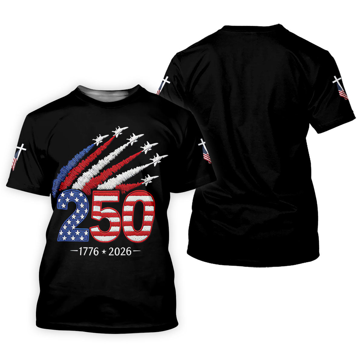 Flying Fighter Jets Faith Cross Patriotic 4th Of July Black Golf Shirt, 250 Years Golf Shirt For Women