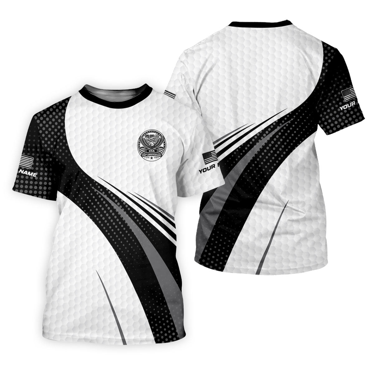 USA 250th Anniversary Black And White Golf Ball Pattern Golf Tops For Men, Patriotic Golf Shirts For Men
