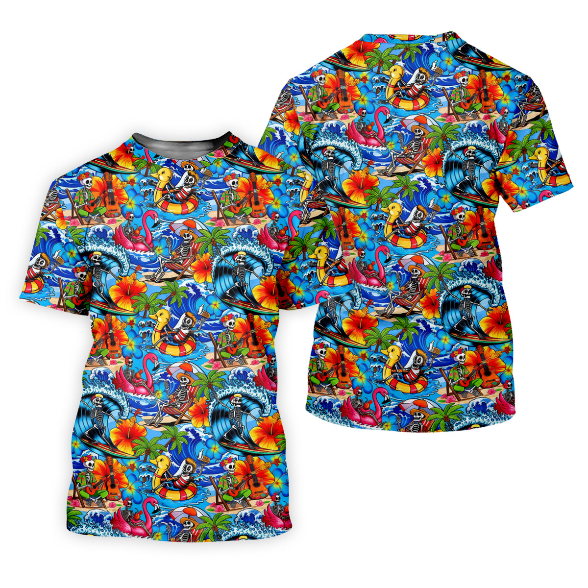 Blue Tropical Skeleton Surfer Pattern Golf Polo Shirt, Golf Shirts For Women, Women's Golf Polo