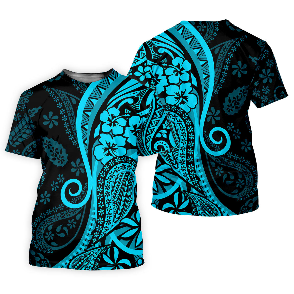 Island Tribal Golf Shirt, Blue Hawaiian Hibiscus Polo, Polo Shirts For Women