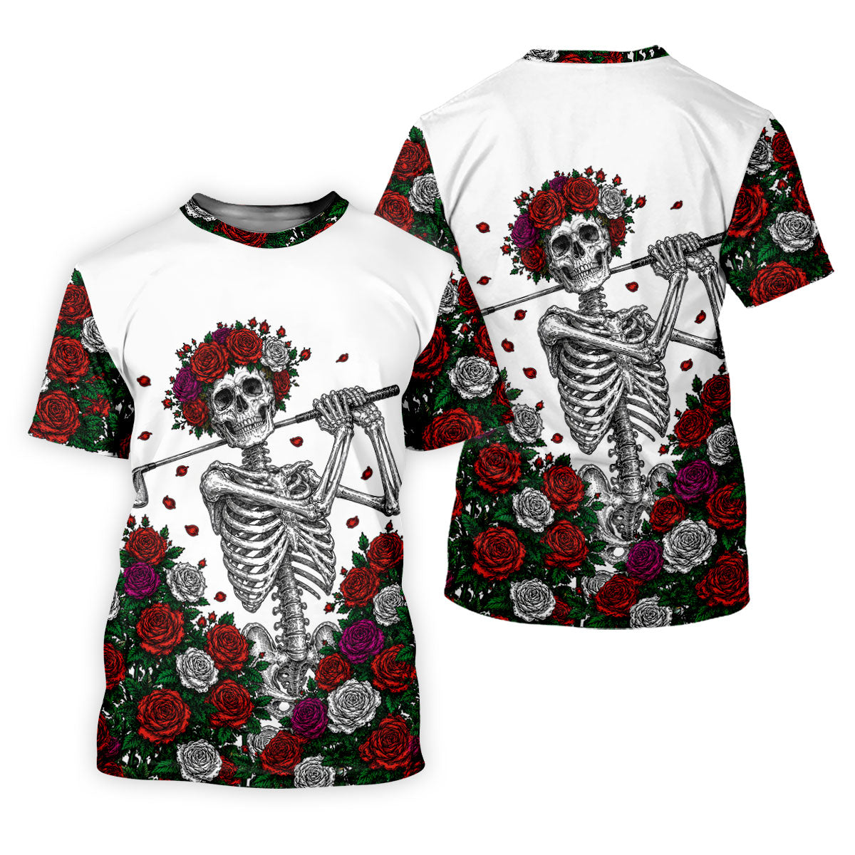 Rose Crown Skeleton Golfer Halloween Polo Shirt, Men's Golf Shirt, Printed Golf Shirts
