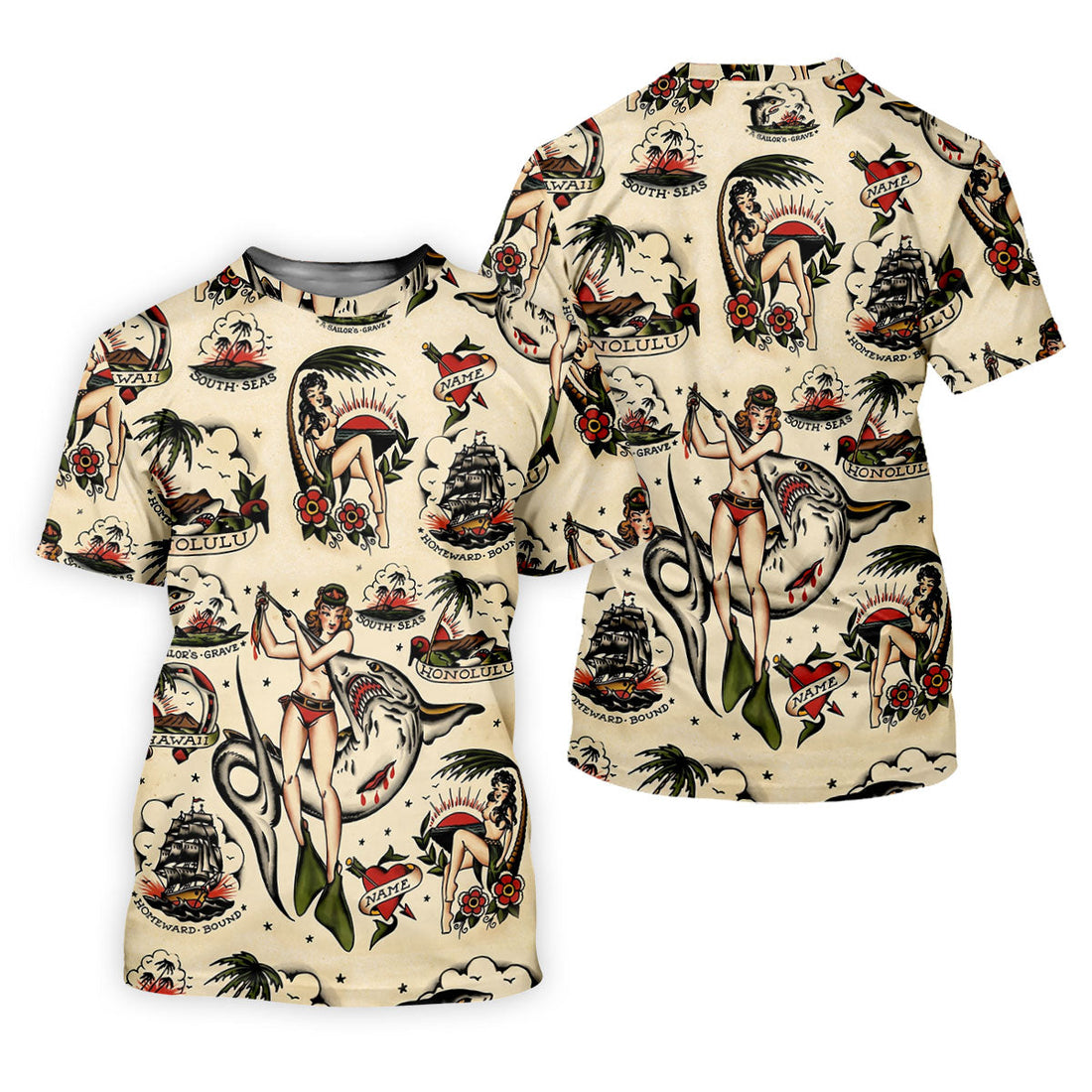 Vintage Hawaiian Pin Up Shark Tattoo Golf Shirt, Hawaiian Golf Shirt, Mens Golf Apparel