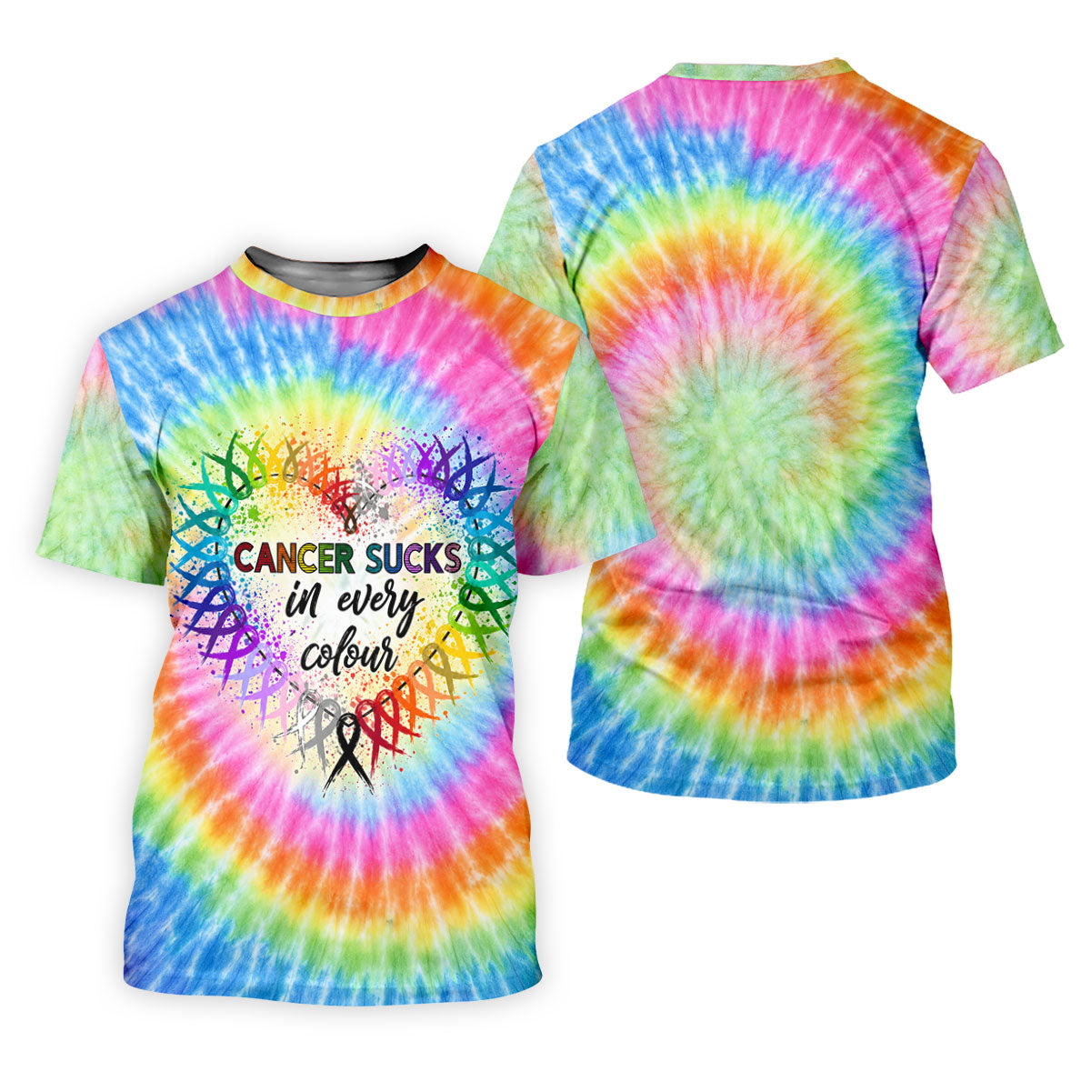 Cancer Sucks In Every Colour Tie Dye Ribbon Polo Shirt, Ladies Golf Tops, Printed Golf Shirt