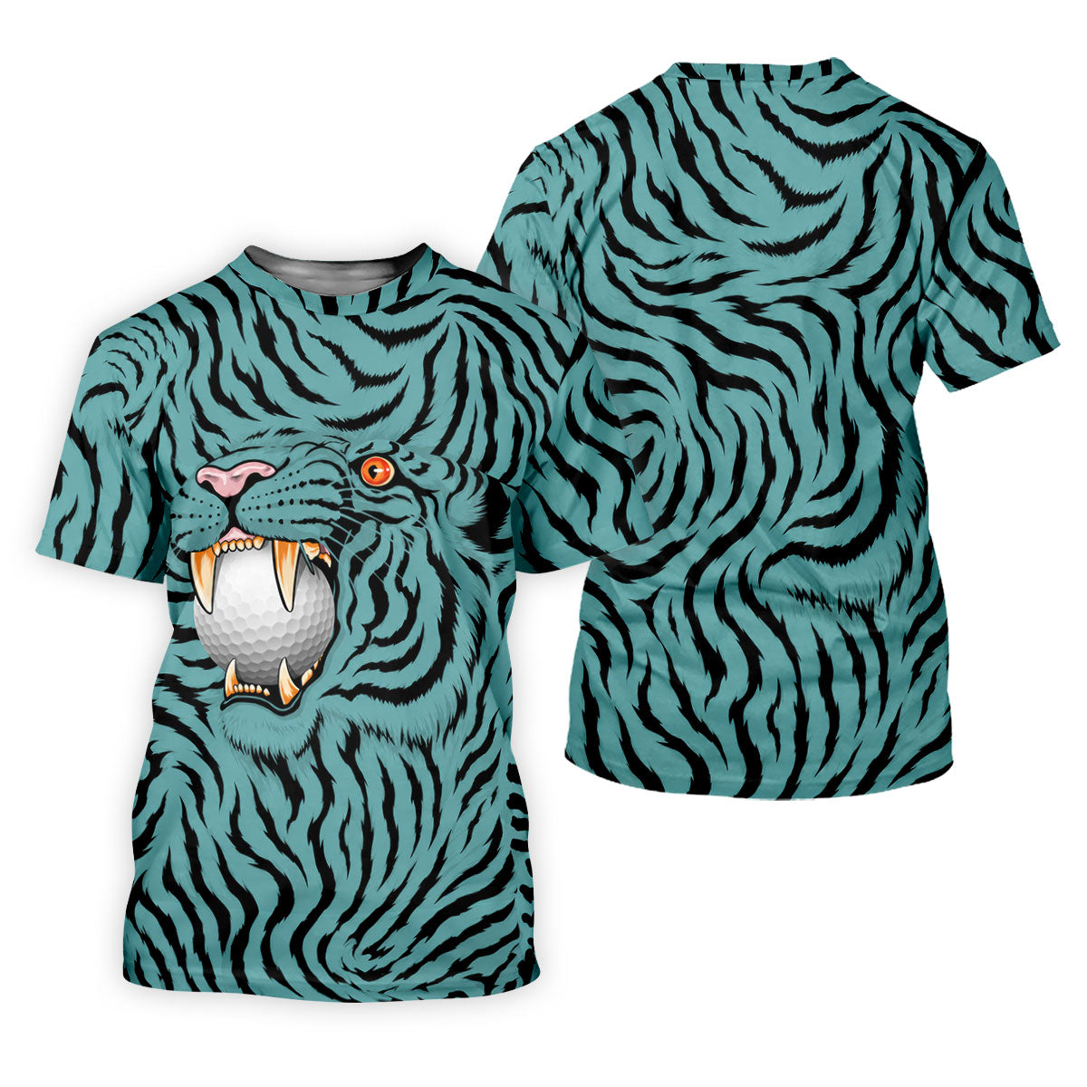 Funny Striped Tiger Biting Golf Ball Polo Shirt, Polo Shirts For Men, Mens Golf Apparel
