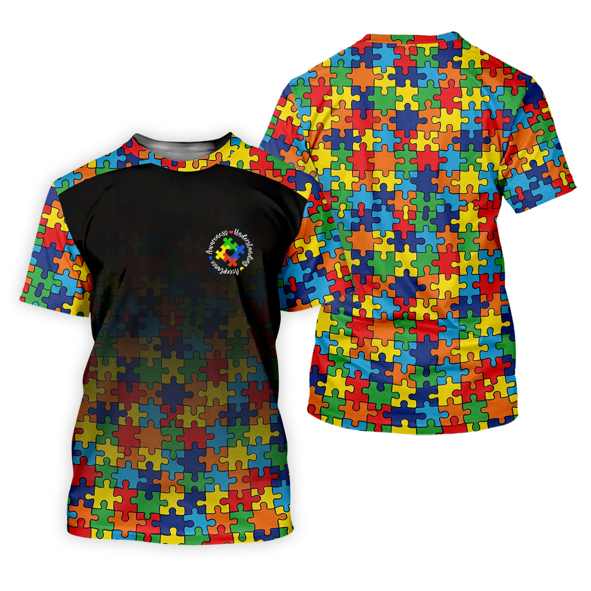 Acceptance Awareness Understanding Autism Awareness Puzzle Pattern Black Fade Golf Shirts For Men
